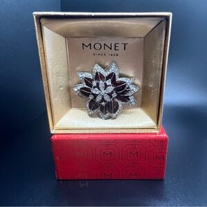 Monet Estate Brooch in original box 2.25" Maroon Enamel with clear rhinestones